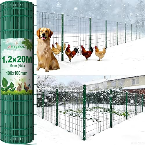 Amagabeli 1.2M X 20M Gartenzaun Zaun PVC-beschichteter Rostfrei 100 x 100mm 2.1 mm Drahtzaun Maschendraht Hundezaun Zaunelemente Grünen Drahtgitter Kaninchendraht Metal Forstzaun