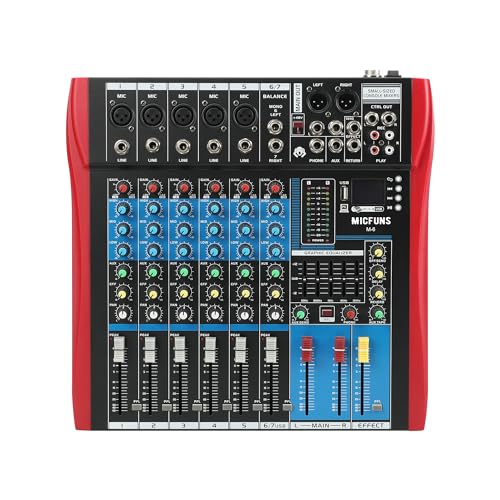 Micfuns M6 Professioneller DJ Audio Mischpult Soundbar-Konsole mit USB/MP3/Bluetooth Bühnen Live Mischpult Eingebauter digitaler Effekt Mischpult Musik Mixer 7 Kanal Mixer +48V Power