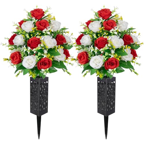 Raxfekro 2 Sträuße Künstliche Friedhofsblumen mit Vase, Künstlicher Rose Blumenstrauss für Friedhof Grab Deko Grabschmuck(Red&White)