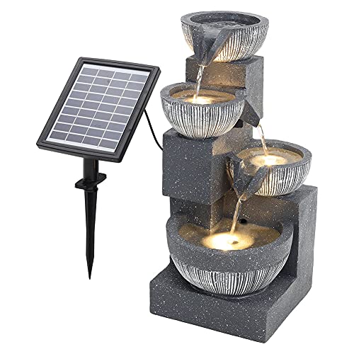 BTGGG Solarbrunnen für Draussen, 4-Stufiger Springbrunnen Solar mit LED Beleuchtung, Solar Springbrunnen für Außen, Gartenbrunnen Zimmerbrunnen Wasserspiel Solar für Garten, Terrasse, Balkon Deko