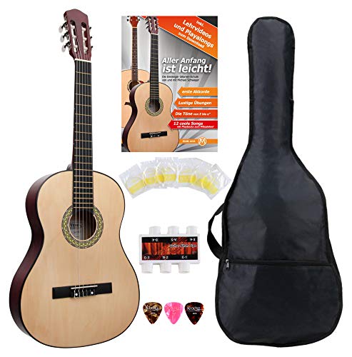 Classic Cantabile AS-851 4/4 Konzertgitarre Starter Set (Komplettes Anfänger Set mit Klassik Gitarre, Gigbag Tasche, Nylonsaiten, Lehrbuch/Schule, 3x Plektren und Stimmpfeife)