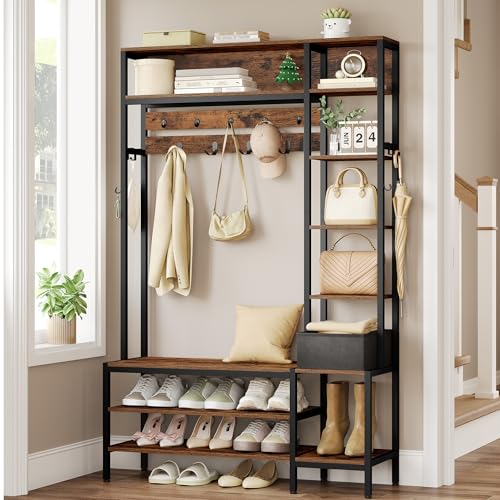 HEXCELEN Garderobenständer mit Schuhbank, Garderobe, 1 Stoffkorb, Kleiderständer mit 15 Haken, 8 Offene Ablagefächer, für Flure und Wohnzimmer, 40 x 120 x 190,5 cm, Braun und Schwarz