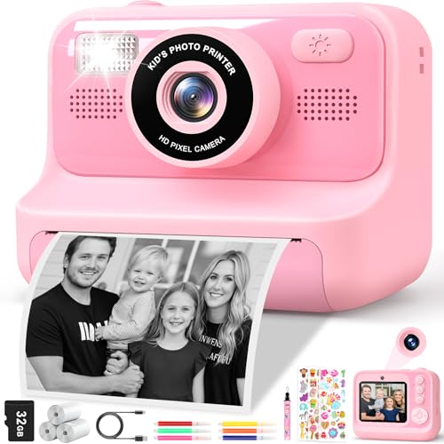 Subtail Sofortbildkamera Kinder - 1080P Kinderkamera Sofortbildkamera - Selfie Digitalkamera Kinder mit 32GB - Geburtstagsgeschenk Spielzeug ab 3 4 5 6 8 7 9 10 11 Jahre Mädchen Jungen - Rosa