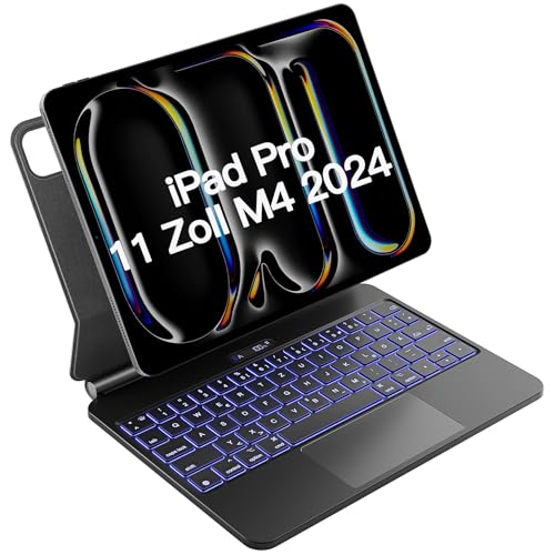 Inateck Magic Keyboard für iPad Pro 11 2024 M4 Hülle mit Tastatur, 30 Min Schnelles Laden,LED Smart Power-Anzeige,Click-Anywhere-Trackpad, 7 Farben 3 Stufen Hinterleuchtet, QWERTZ, KB09121