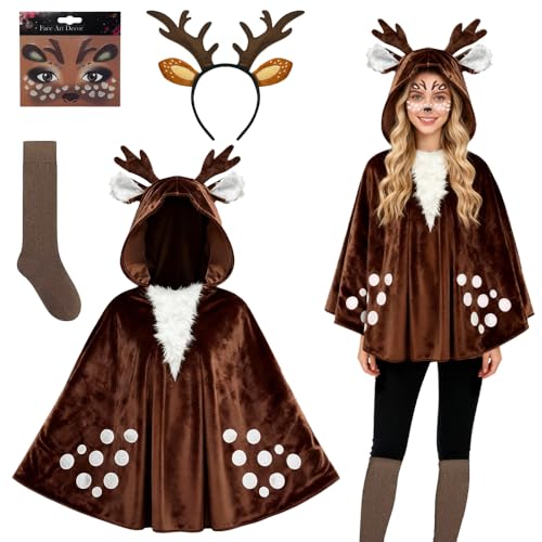 HuaMuDM Rentier Karneval Damenkostüm,Rentier Kostüm Damen Set,Rentierköpfe,Aufkleber,Party,Halloween, Weihnachten,Kleidungsaccessoires,Karneval Cosplay
