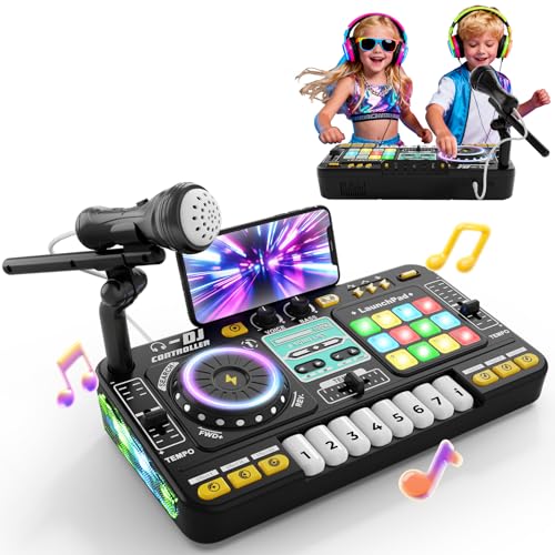 DJ Mischpult DJ Pult für Kinder 3-10 Jahre DJ Controller DJ Mixer Musikinstrumente mit Mikrofon 100+ Soundeffekten Licht Akku, Geschenk Spielzeug für DJ-Anfänger Jungen Mädchen 3 5 6 7 8 9 10 Jahre