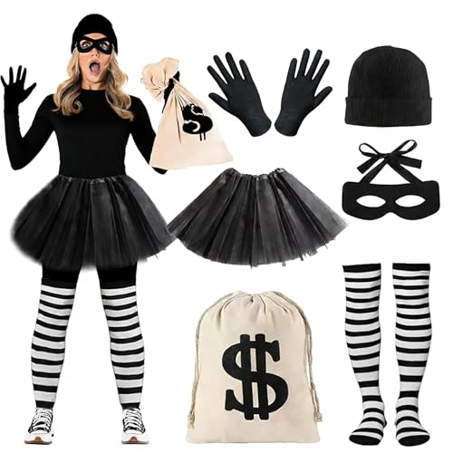 PUERFOCA Räuber Kostüm Damen, 6 Stück Bankräuber Kostüm für Erwachsener mit Hut Maske Handschuhe Socken Tasche, Dieb Kostüms für Halloween Karneval Cosplay Kostüms