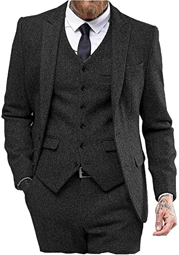 Herren Tweed Fischgräten-Anzug, Hochzeitsanzug, Abschlussball, Smoking, 3-teiliges Spitzenkleid, schwarz, 46