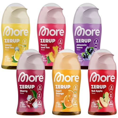 MORE Zerup, mixed 6er Bundle, 6 x 65 ml, verschiedene Sorten, für bis zu 48 l Fertiggetränk, zuckerfreier Sirup mit echten Fruchtextrakten, vegan, zero Kalorien - made in Germany