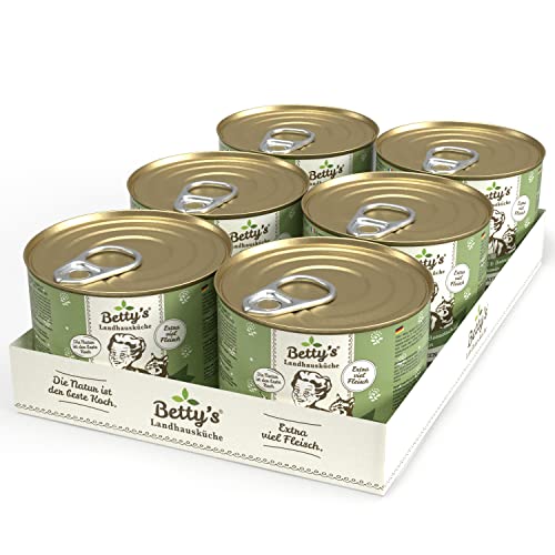 Betty's Landhausküche Dose Nassfutter Katze , getreidefrei, beste Qualität, hochwertiges Fleisch, schonend gegart, für alle Katzenrassen geeignet, Huhn & Kalb mit Borretschöl 6x 200g