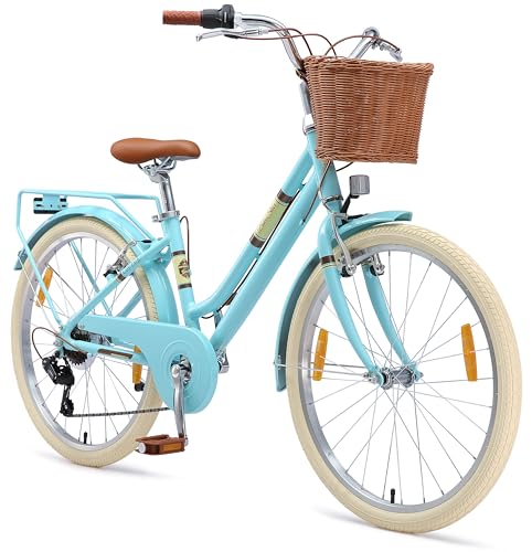 BIKESTAR Alu Kinderfahrrad ab 9-10 Jahre | 24 Zoll City Retro Bike, 7 Gänge, Korb, V-Bremse, Hollandrad | Blau | Risikofrei Testen