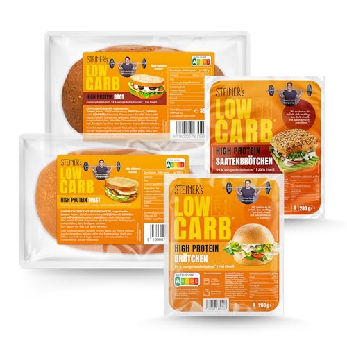 STEINER´s Low Carb High Protein Brot Box | 87-94% weniger Kohlenhydrate | Brot (1x350g), Toast (1x350g), Brötchen (1x280g, 4 Stk.), Saatenbrötchen (1x280g, 4 Stk.)
