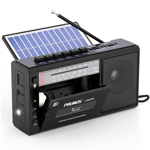 PRUNUS J-360 Tragbare Kassettenspieler mit Bluetooth, AM/FM Kassettenradio mit Akku & Solarpanel, Kleines Radio kassettenrekorder mit Kopfhöreranschluss, TF/USB-Laufwerk.