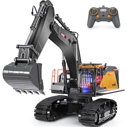 kolegend 1:14 Ferngesteuerter Bagger, Metall RC Excavator 22-Kanal Baggers Ferngesteuert, mit 1 Wiederaufladbaren Batterien Geliefert, mit Lichtern und Soundeffekten für Jungen und Mädchen