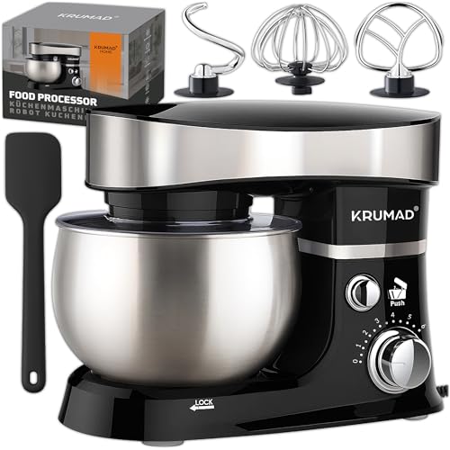 KRUMAD Küchenmaschine 2000W – Teigknetmaschine mit 3L Edelstahlschüssel & 6 Geschwindigkeiten – Rührmaschine mit Knethaken, Schneebesen & Flachrührer – Leistungsstarker Mixer für Küche
