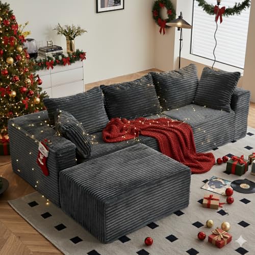 Vamcheer Ecksofa mit Schlaffunktion - Big Sofa Couch 3 Sitzer in L-Form, Modulares Boneless Schlafsofa als Wohnlandschaft, 274 x 102 cm, Grau