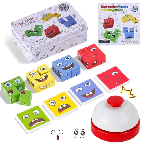 TYFYH Würfelpuzzle Holz, Ausdruck Holzpuzzle, Holzwürfel Spiel, Gesichter Puzzle Bauwürfel, 3D Puzzle Face Changing Magic Cube, Mastugart Spiel für 3 4 5 6 7 Kinder mit Tischglocke (1)