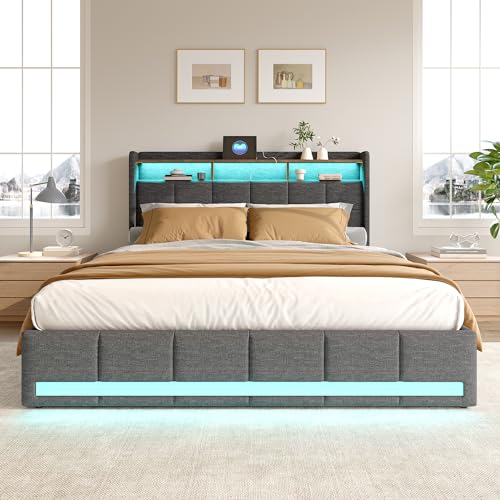 BRYXR Boxspringbett 140x200 mit Lattenrost，Stilvolles Polsterbett mit Stauraum, 4 Schubladen, Individueller LED-Beleuchtung, USB und Typ-C-Anschlüssen, Modernes Graues Design für optimalen Komfort