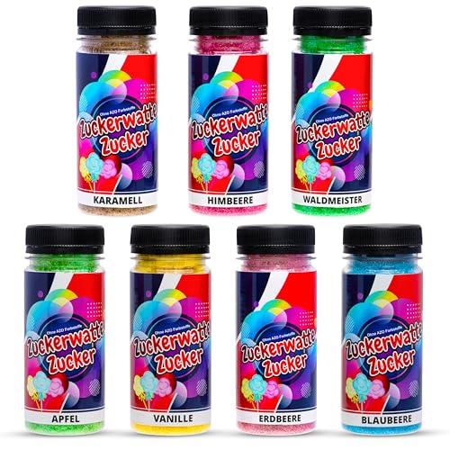 Zuckerwatte Zucker Set 7 Sorten je 100g für Zuckerwatte Maschine AZO Frei Aromazucker Farbzucker Backen Dekorieren
