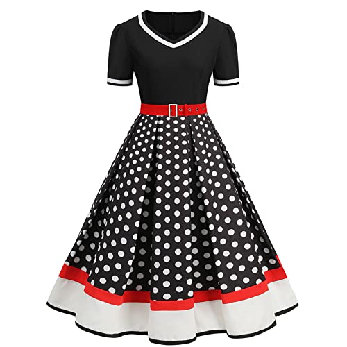 Rockabilly Kleider Damen - 50er Jahre Kostüm Vintage Petticoat Kleid - Kurzarm V-Ausschnitt Polka Dot Swing Coctailkleid Hochzeit Festlich Knielang Kleid