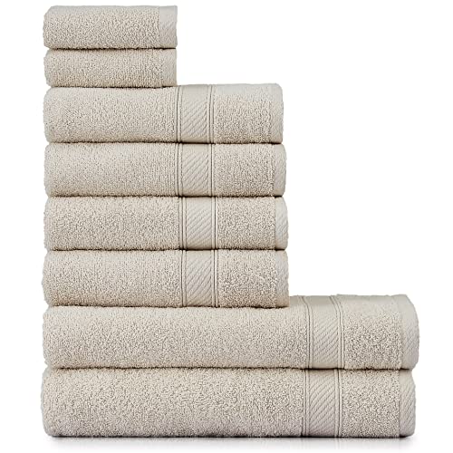 nottoc Handtücher Set Beige 8-TLG / 2 Badetücher 70x140 + 4 Handtücher 50x90 + 2 Gästehandtücher 30x50 - Handtuch mit Aufhänger 100% Baumwolle Saugfähige Weiche Luxus Duschhandtücher - Sand Beige