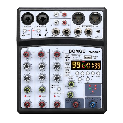 BOMGE Professionelles 4-Kanal 99DSP DJ-Audio-Mixer-Interface, Desktop-Karaoke-Mischpult mit MP3-Eingang, USB, Bluetooth-Eingang, Stereo-Aufnahme und 48-V-Phantomspeisung