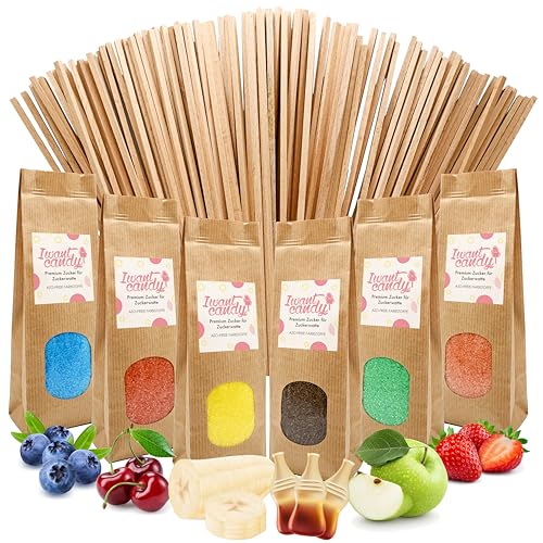 Partyset 6 x 250 Gramm Zuckerwatte Zucker für Zuckerwattemaschine Inklusive 100 Zuckerwattestäbe