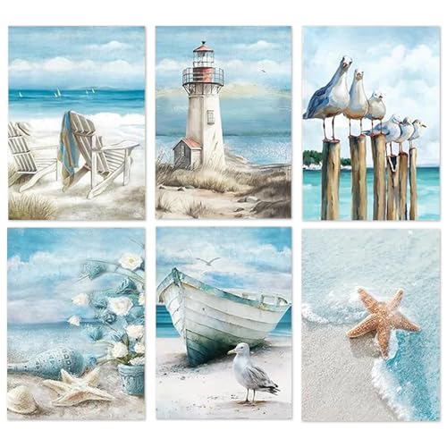 SASMoiyug 6 Stück Malen nach Zahlen Erwachsene, DIY am Meer Sandstrand Malen nach Zahlen Set Mit 6 Pinseln und Acrylfarbe Handgemalt Landschaft am Meer malen nach zahlen Ohne Rahmen Kit 25 X 35 CM
