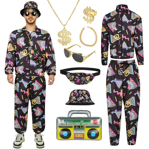 AYBUY Disco Kostüm Set, 9-teiliges Disco-Outfit inklusive Langarmshirt, Hose, Hut, Gürteltasche, Halskette, Armband, Ring, Sonnenbrille und aufblasbarem Radio, für eine 70er-Jahre-Party(M-Schwarz)