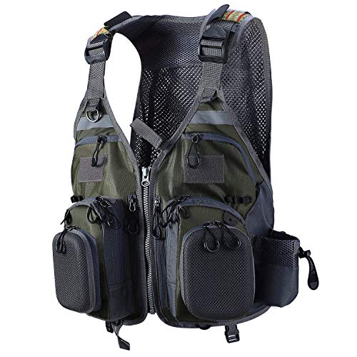 PELLOR Angel Westen, Atmungsaktive Weste mit Mehreren Taschen Angeljacke Jagdfischen Outdoor Camping Fotografie (einstellbare Größe) (Armee-grün)