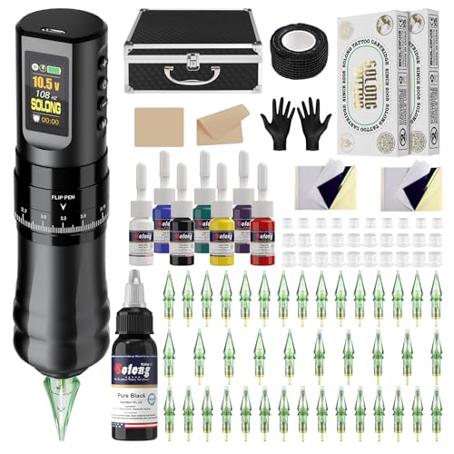 Solong Tattoo Maschine Set Profi, Rotary Wireless Tattoo Pen Gun Kit mit 1800mAh Akku, LCD Digital 40 Cartridges Nadeln 8 hochwertigen Tinten für Tattoo Anfänger und Künstler SLE96EN01SEU-1