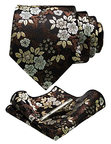 JEMYGINS Herren Blumen Krawatten und Einstecktuch Sets mit Krawattenklammer in verschiedenen Farben erhältlich,braun/dunkelbraun