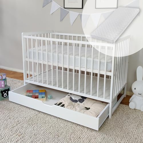 Babybett Kinderbett 60x120 Gitterbett Baby Bett Komplett-Set mit Matratze Beistellbett mitwachsend, Lattenrost höhenverstellbar mit abnehmbaren Sprossen, mit Schublade | weiß Kiefer-Vollholz