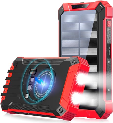 Power Bank Solar QI große Externer Akku Handyakkus 27000mAh 99W USB C/A Schnellladung mit 4 Kabeln 15W kabelloses Laden, Taschenlampe, LED-Anzeige, Ladegerät für iPhone/Android