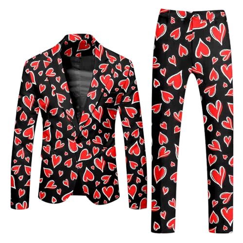 Generisch Anzug Herren 2 Teilige Bedruckte Herrenanzug Herz Druck Blazer Jacke mit Hose Slim Fit Anzug für Hochzeit Outfits Smoking Herrenanzug Blazer und Anzughose Lustige Party Kostüm