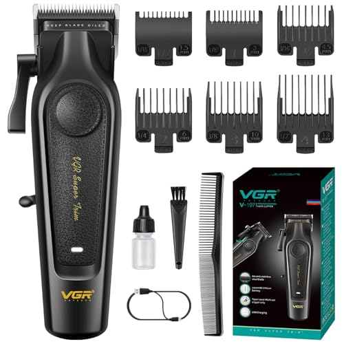 VGR 197 Haarschneidemaschine Profi Mit Einstellhebel, Kabelloser Clipper Haarschneider FüR Herren Mit Keramikklingen, Haartrimmer Herren Wird Mit 6 FüHrungskamm, USB Aufladung Und Led Kontrollleuchte