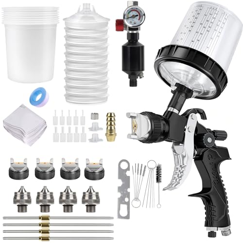HVLP Lackierpistole Spritzpistole mit 4 Düsen-1,4/1,7/2,0/2,5mm, Lackierpistole Druckluft Schwerkraft Sprühgeräte mit 600ML Messbechern, 10 Einweg-Farbmischbechern und Deckeln, 20 Filtern (Schwarz)