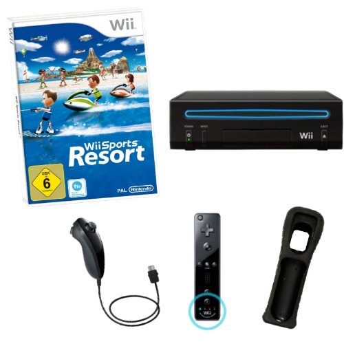 NINTENDO Wii Konsole schwarz + Wii Sports Resort (12 Sport Spiele) Nintendo Remote Plus und Nunchuk Controller
