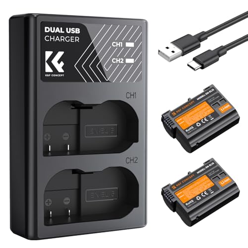 K&F CONCEPT EN-EL15/EN-EL15A/EN-EL15B Akkus kompatibel mit Nikon DSLR D7000/D7100/D7200/D7500/D850/ D810/A/ D800/E/ D750/D610/D600/D500 (2-teiliges Paket, DUAL USB-Ladegerät, 2100mAh Akku)