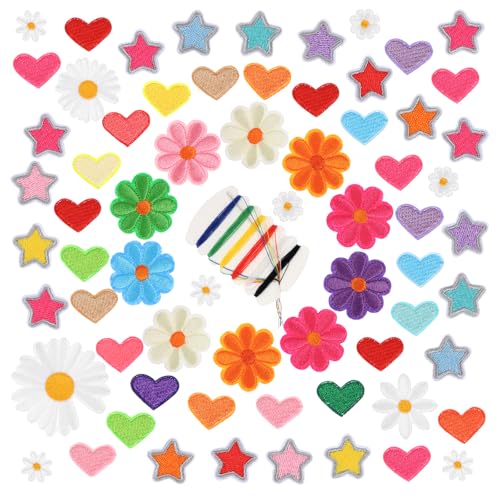 Nogeqi 47 Stück Blumen Flicken Zum Aufbügeln, Stern Bügel Patches Herz Aufnäher Zum Aufbügeln Bunte Bügelbilder Für Textilien Florale Bügelbild Für Hut Jeans Diy Jacken Rucksäcke Kleidung