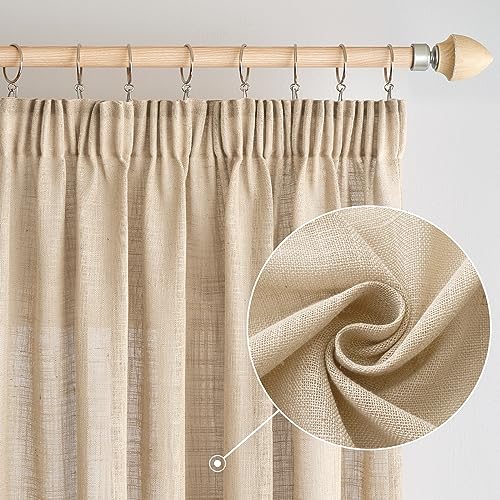 Woaboy Leinen Gardinen mit Kräuselband Vorhänge Wohnzimmer Leinenoptik Halbtransparent Stores Gardine Schlafzimmer Modern Schlaufengardinen 2er Set 140x225cm (BxH) Beige