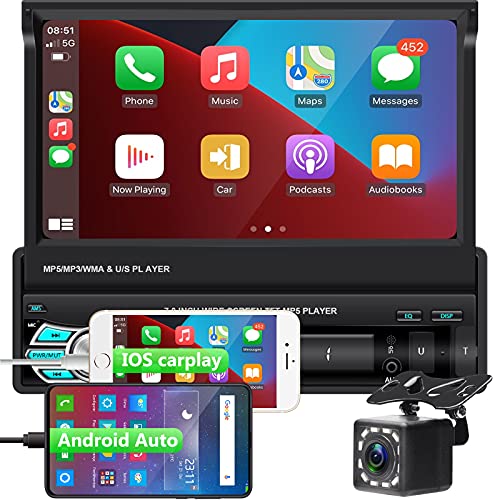 1DIN Autoradio Bluetooth mit Carplay und Android Auto, 7 Zoll Touchscreen MP5 Player Radio mit Rückfahrkamera + Lenkradsteuerung, Autostereo Unterstützung Mirror Link/FM Radio/TF/USB/AUX