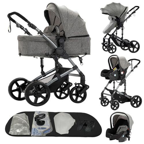 Reenborn Kinderwagen 3 in 1, Buggy mit Zwei Umkehrbaren Schiebemodi, Kinderwagen mit Rahmen Aluminiumlegierung, Kombikinderwagen 3 in 1 Komplettset mit Ein-Klick-Faltdesign (588 Grey)