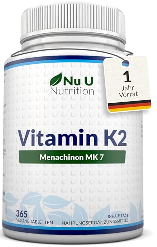 Vitamin K2 MK7 200µg - 365 vegane Tabletten, keine Kapseln - 12 Monate Vorrat - 200mcg pro Tablette - Vit K2 MK-7 Menaquinon hochdosiert - Nu U Nutrition