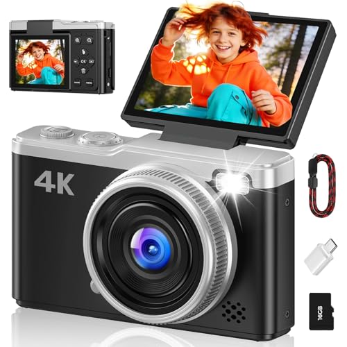 4K Digitalkamera - Maxmango 64MP Autofokus Kamera Fotokamera mit 180° Klappbarer Bildschirm - 2,4 Zoll Vlogging Kompaktkamera mit 16GB Karte - 16X Zoom für Jugendliche Einsteiger - Schwarz