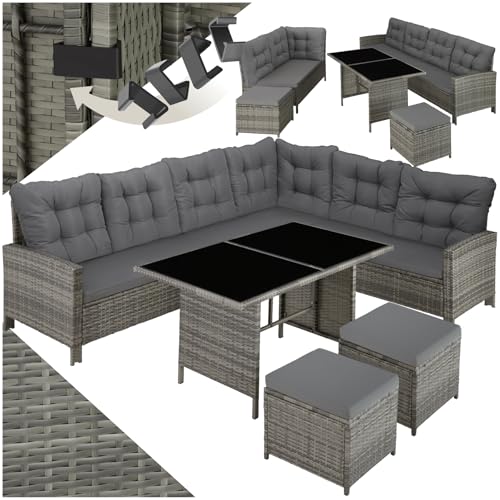 tectake Polyrattan Lounge Set, Gartenmöbel Set mit Sofa, Hocker + Tisch, Balkon Möbel Outdoor, 5-teilige Sitzgruppe, inkl. Sitz- & Rückenkissen, ideal für Garten, Terrasse, Balkon - grau/beige