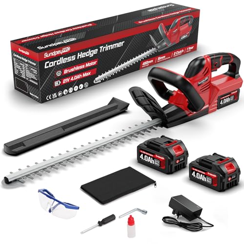 SundpeyPRO Akku Heckenschere 21V - Bürstenlos Elektrische Heckenschere mit 2 x 4,0Ah Akkus und Ladegerät, 52cm Schnittlänge, 15,5mm Zahnabstand, 600W Heckenschneider für Garten, Sträucher, Hohe Hecken