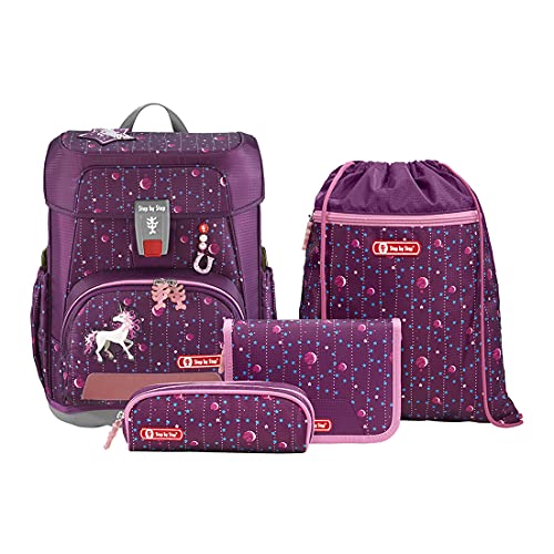 Step by Step Schulranzen-Set Cloud „Dreamy Unicorn Nuala“ 5-teilig, lila, Einhorn-Design, ergonomischer Tornister mit Reflektoren, höhenverstellbar mit Hüftgurt für Mädchen ab der 1. Klasse, 19L