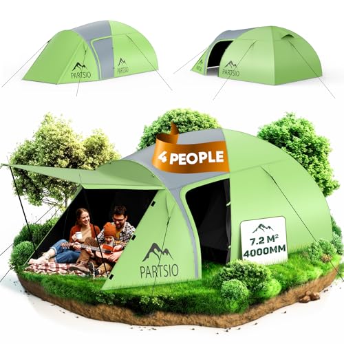 Partsio Camping Zelt mit Lobby Zelt 2-4 Personen Wasserdicht 4000mm Kuppelzelt Vorzelt Abnehmbarer für Trekking & Festival Familienzelt Camping Reise Trekking Garten Wohnraumvolumen: 7,2 m³