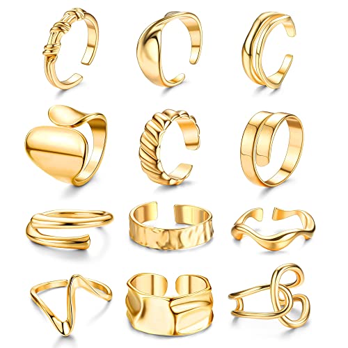 JeryWe 12PCS Offene Ringe Set für Damen Frauen Midi Verstellbare Fingerringe Gold Knöchel Ringe Set Niedliche Minimalistisch Klobig Stapelringe
